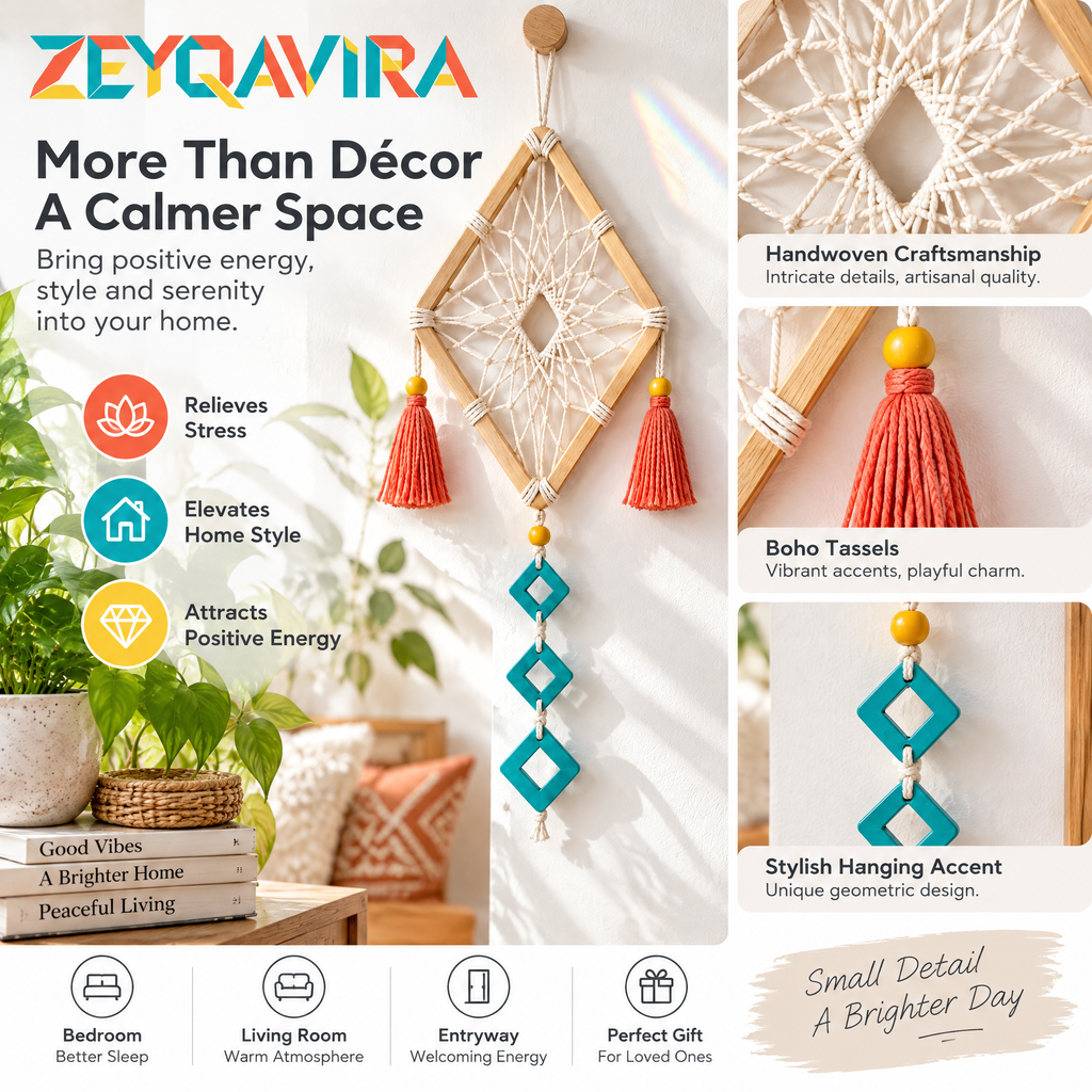 ZEYQAVIRA Diamond Dreamcatcher Wall Hanging, Natural-Tone Wood Frame with Ivory Web, Coral Tassels and Teal Charms