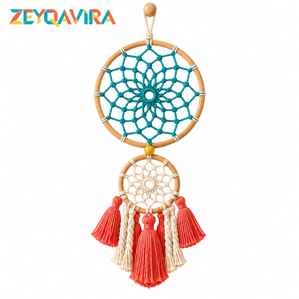 ZEYQAVIRA Double Hoop Dreamcatcher Wall Hanging, Teal and Ivory Woven Rings with Coral Tassels for Modern Boho Decor