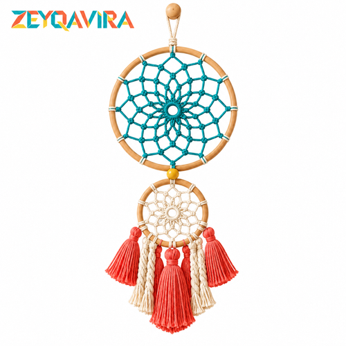 ZEYQAVIRA Double Hoop Dreamcatcher Wall Hanging, Teal and Ivory Woven Rings with Coral Tassels for Modern Boho Decor