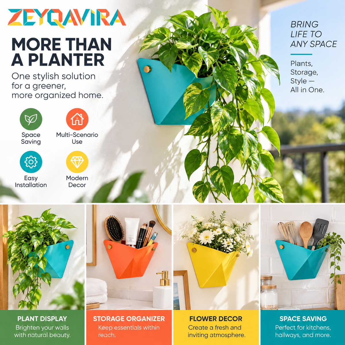 ZEYQAVIRA Trailing Faux Pothos in Geometric Wall Planter, Artificial Hanging Vine Greenery for Indoor Home Decor