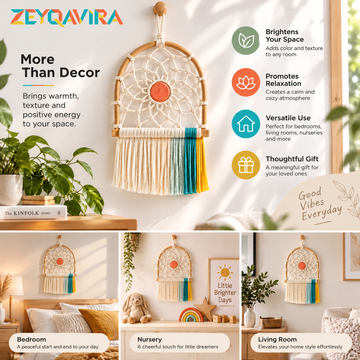 ZEYQAVIRA Arch Dreamcatcher Wall Hanging, Woven Web with Coral Center Disc and Ivory Teal Yellow Fringe