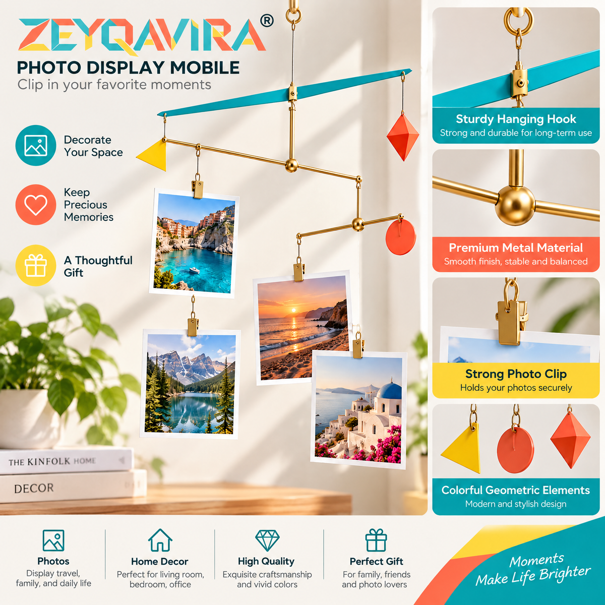 ZEYQAVIRA Hanging Photo Display Mobile, Geometric Metal Picture Clip Holder for Prints, Postcards and Art