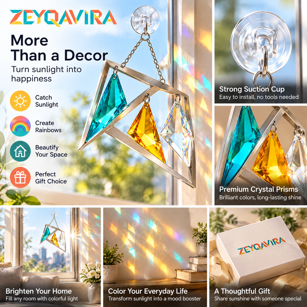 ZEYQAVIRA Geometric Prism Window Suncatcher, Colorful Hanging Window Decor with Suction Cup
